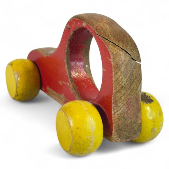 Vintage Handmade Wooden Push Car Red & Yellow Globe Wheels Toddler Toy - Picture 6 of 8